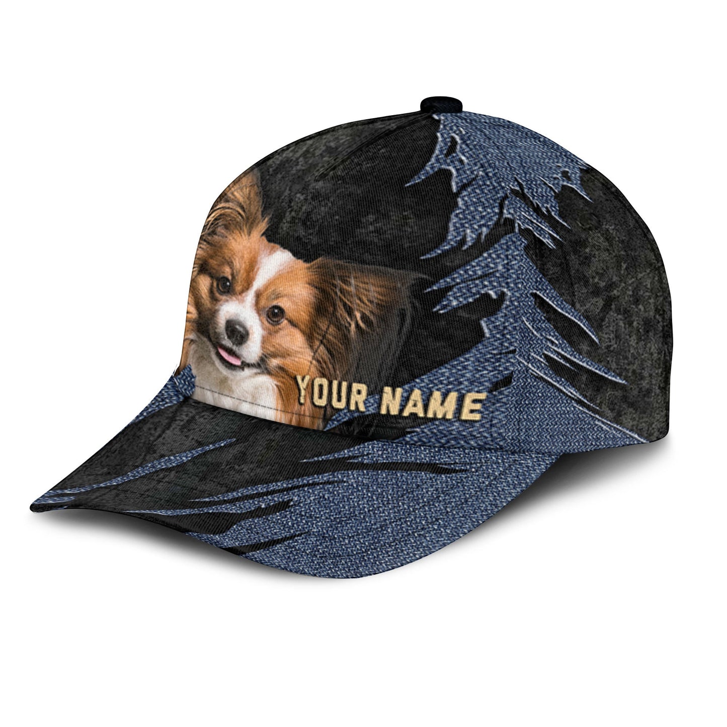 Papillon Dog - Jean Background Custom Name Cap