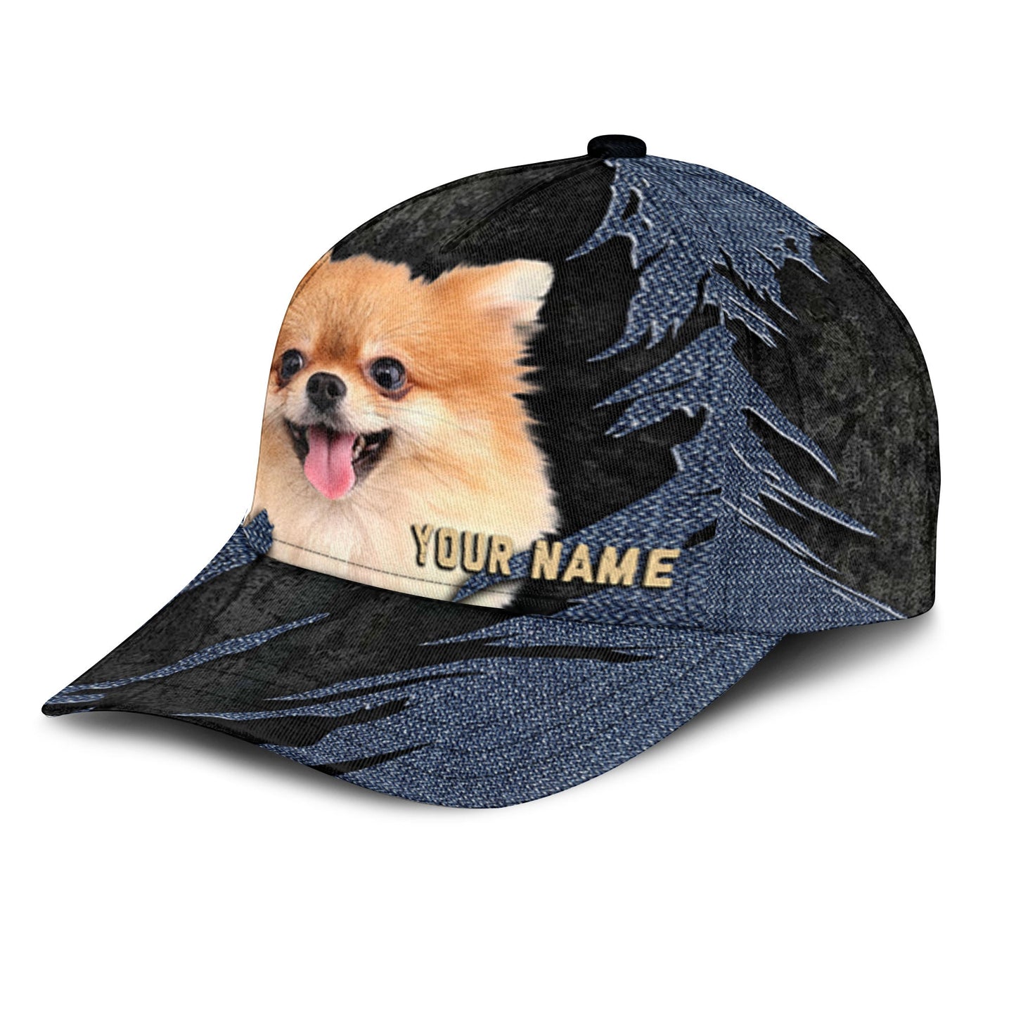 Pomeranian - Jean Background Custom Name Cap