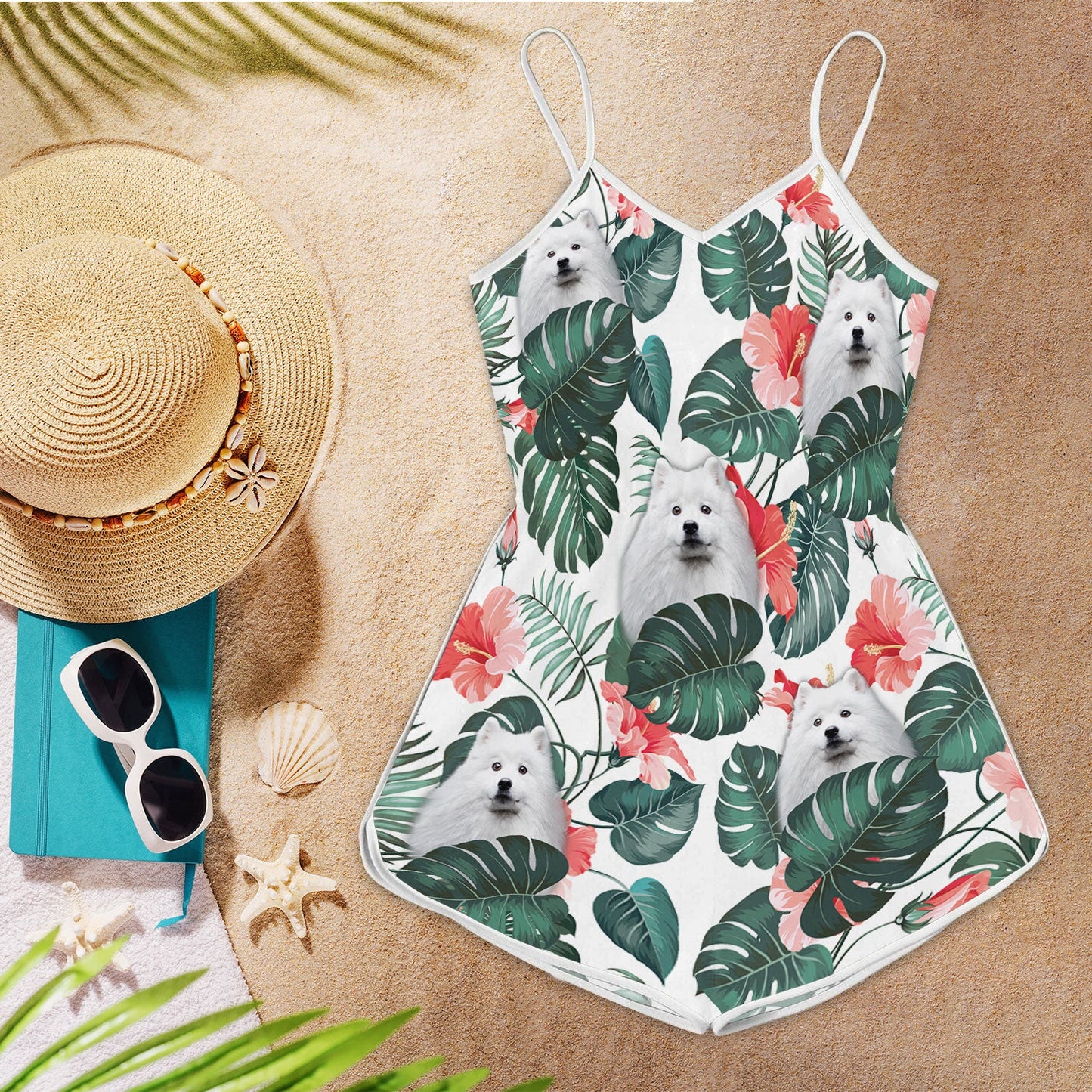 American Eskimo Tropical Pattern Sleeveless Romper