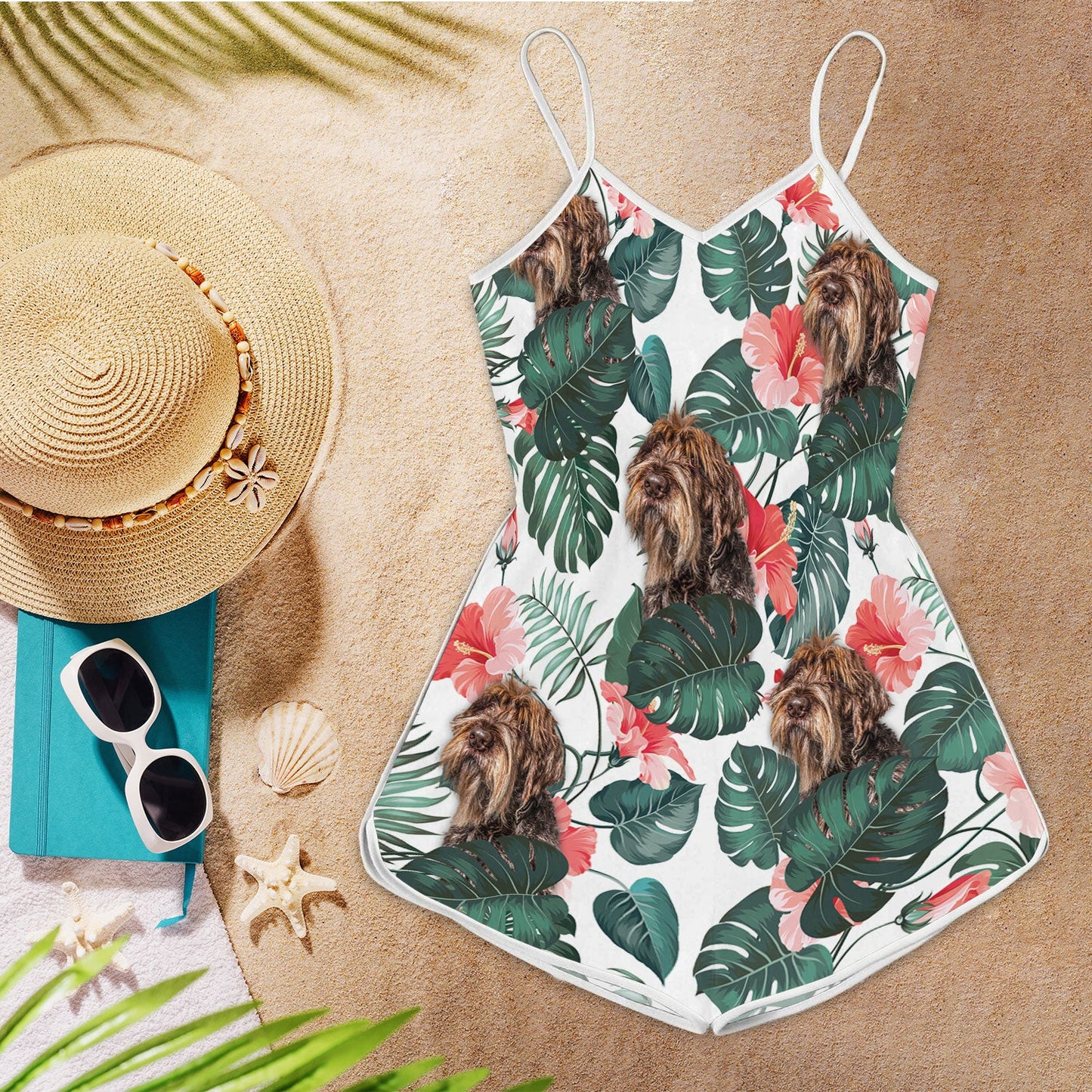 Wirehaired Pointing Griffon Tropical Pattern Sleeveless Romper