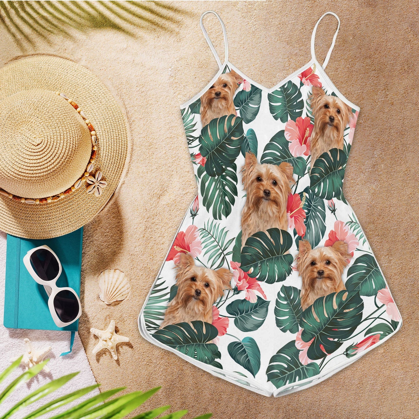 Yorkshire Terrier Tropical Pattern Sleeveless Romper