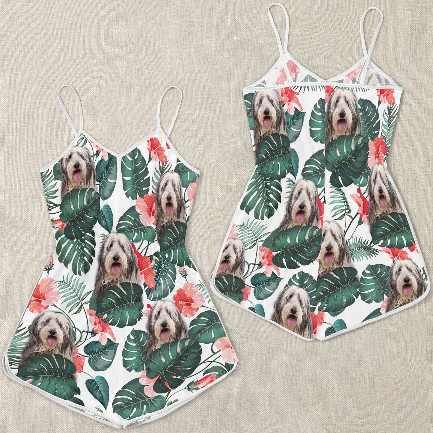 Bearded Collie Tropical Pattern Sleeveless Romper