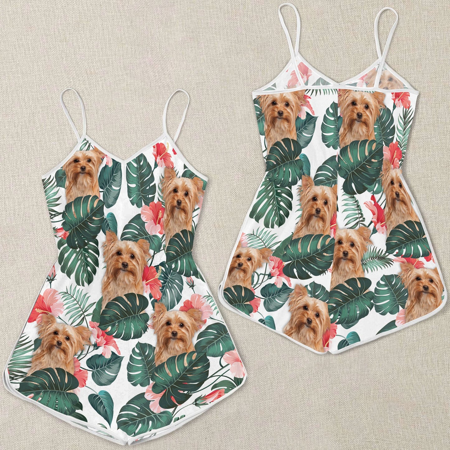 Yorkshire Terrier Tropical Pattern Sleeveless Romper