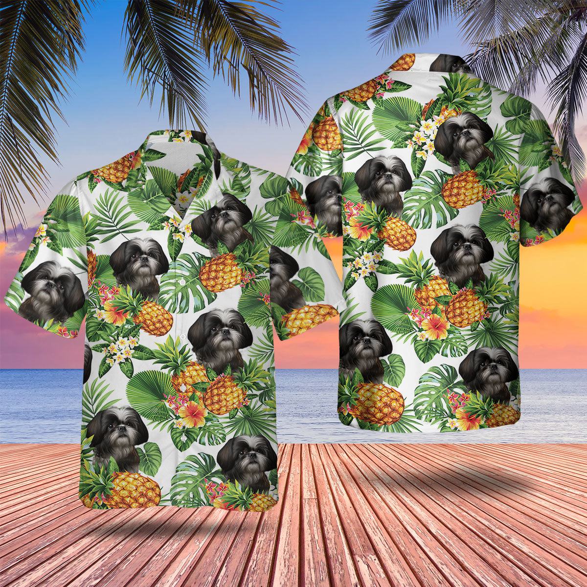 Shih Tzu 2 AI - Tropical Pattern Hawaiian Shirt